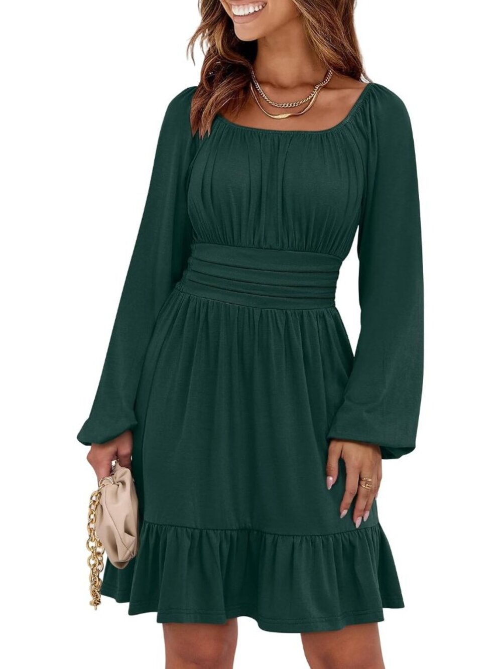 Women's Deep Green Lantern Sleeve Square Neck Elastic Waist A-Line Short Dresses